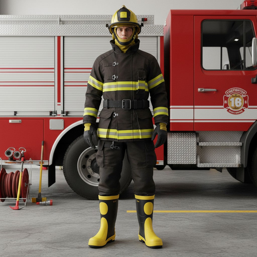 Bombero con uniforme completo y botas de goma GERF SAFETY negras y amarillas con punta de acero en una estación