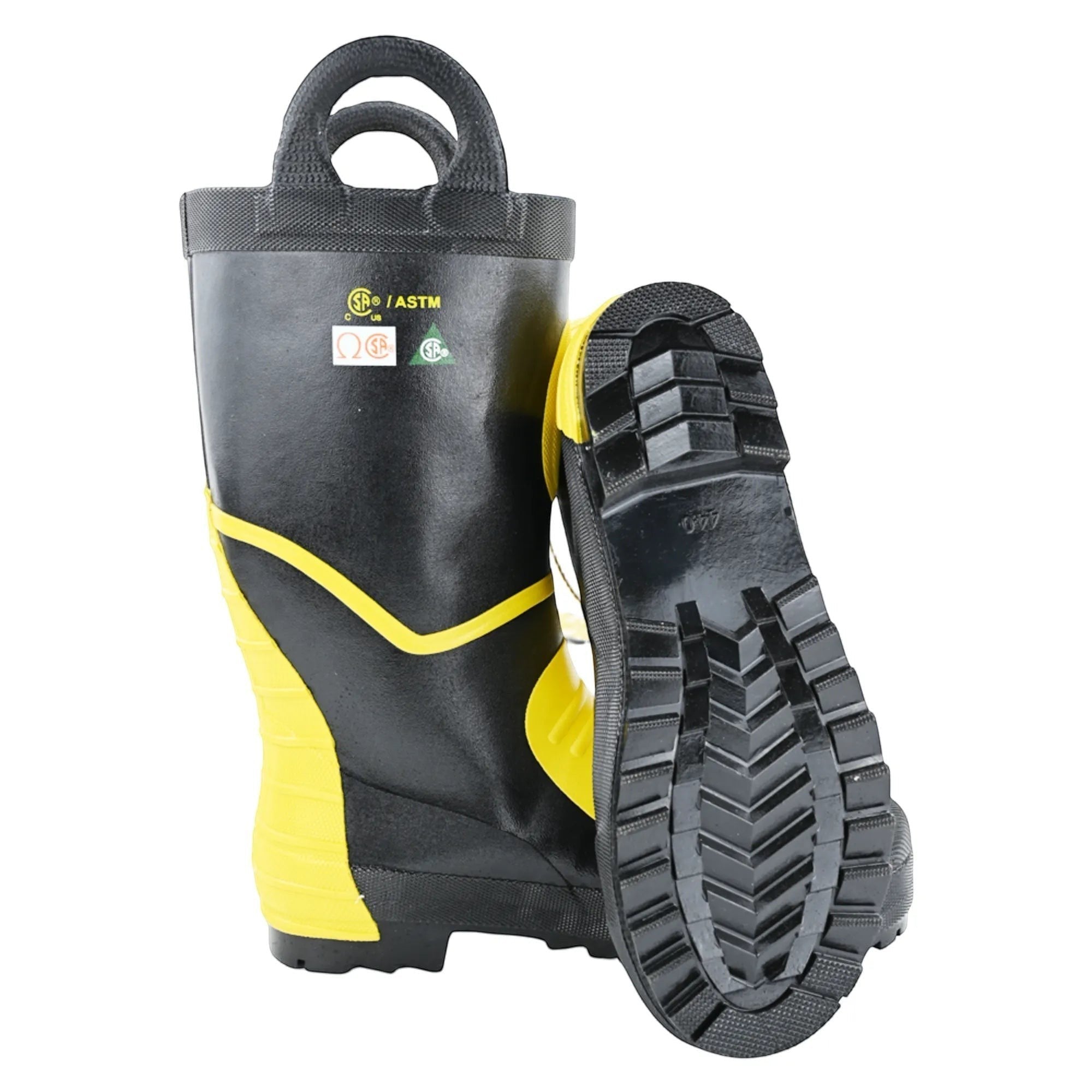 Botas de bombero negras y amarillas GERF SAFETY con suela antideslizante, punta de acero y asas integradas.