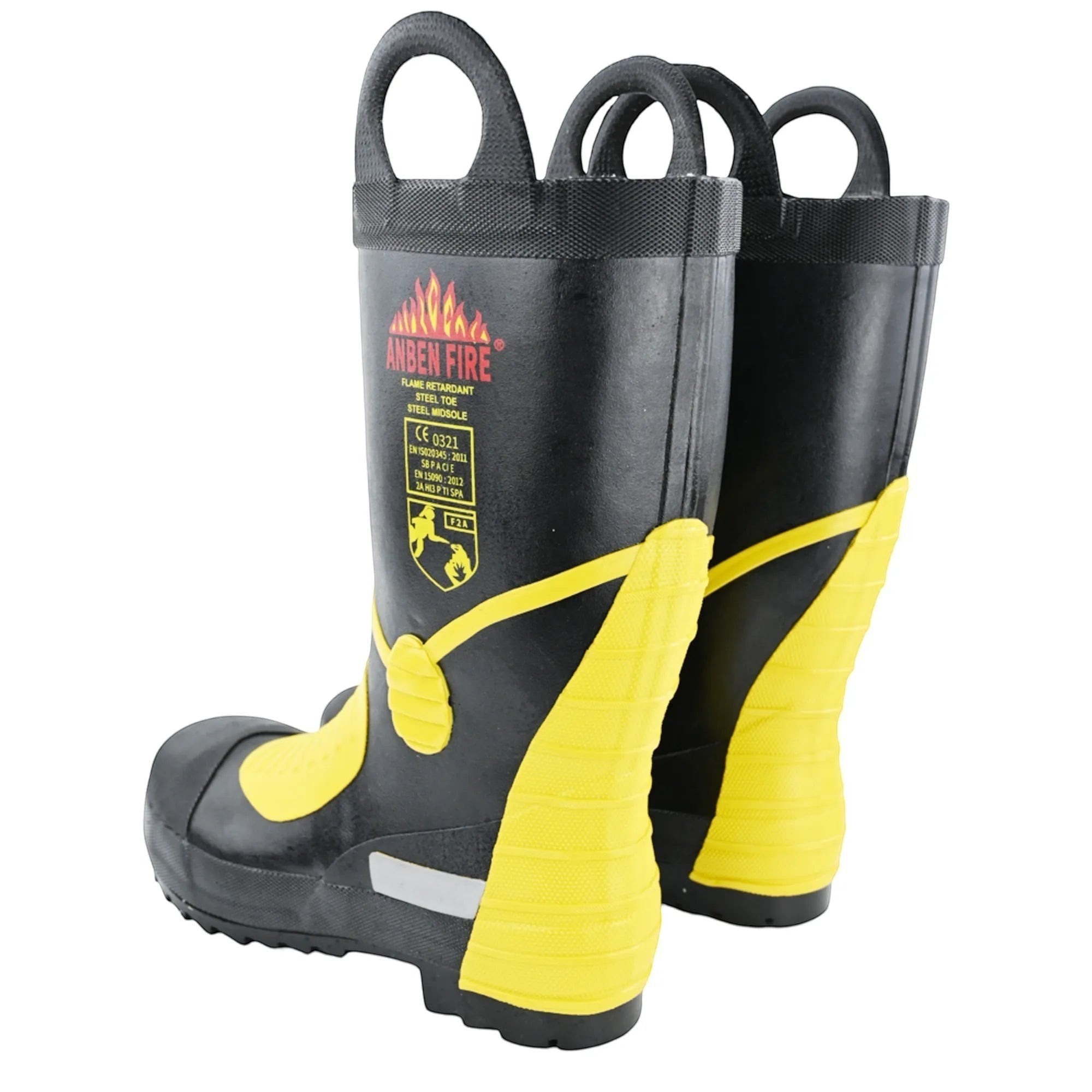 Botas de bombero GERF SAFETY negras y amarillas con puntera de acero, suela antideslizante y cinta reflectante.