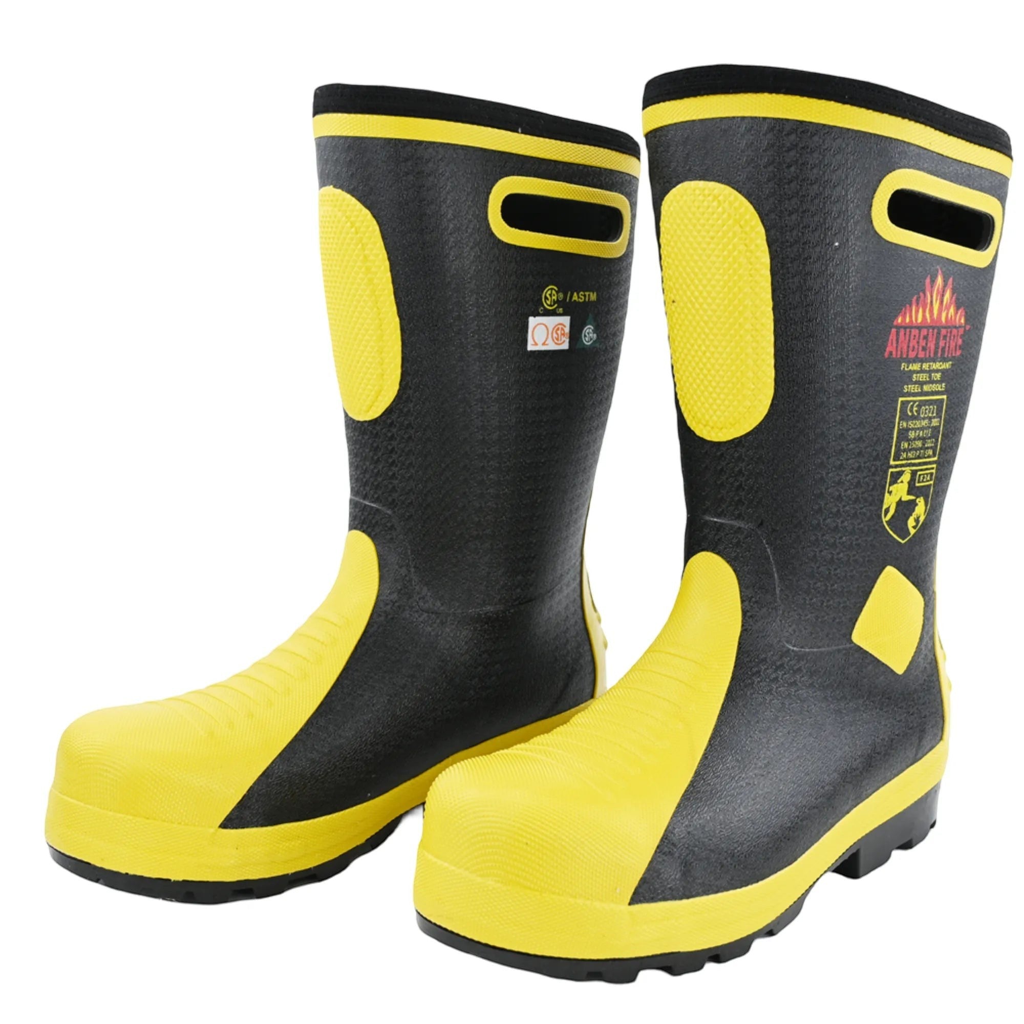 Botas de bombero GERF SAFETY negras y amarillas con punta de acero, suela antideslizante y certificación EN15090.