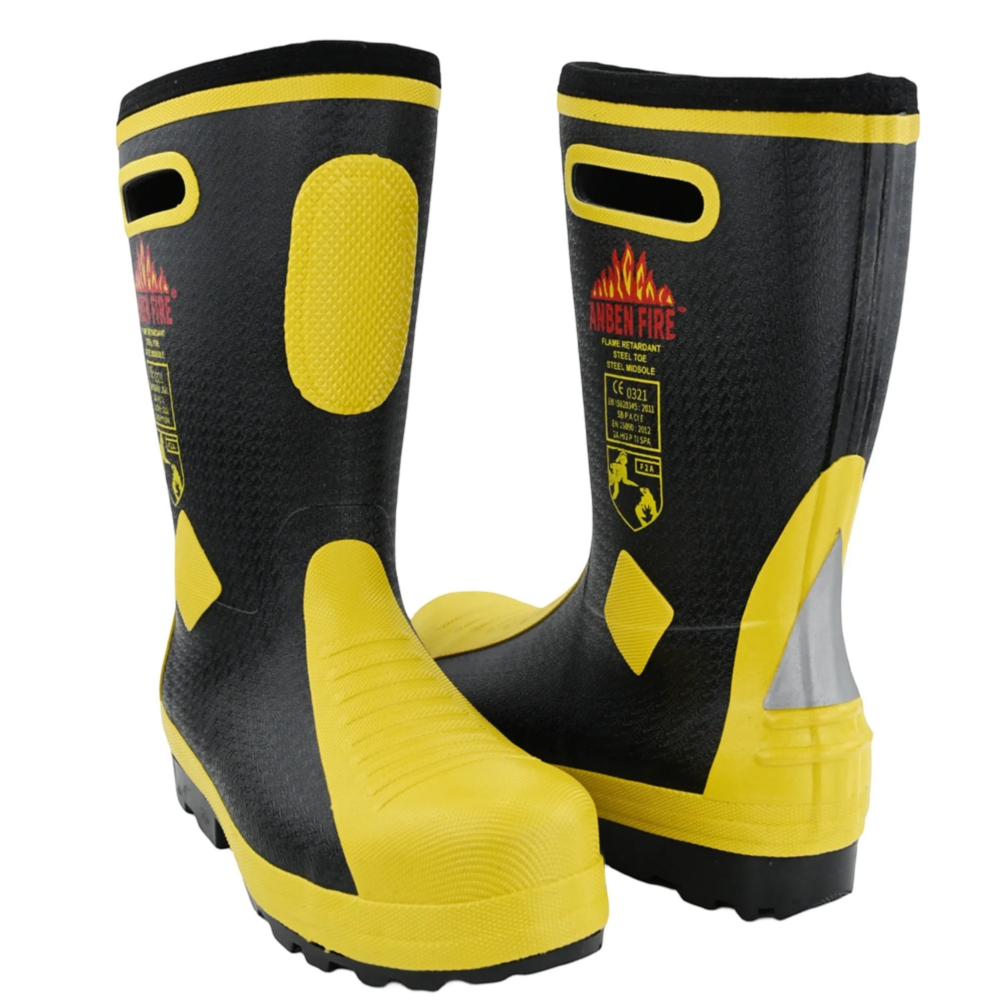 Botas de bombero GERF SAFETY negras y amarillas con punta y suela de acero, resistentes al fuego y con asas integradas.