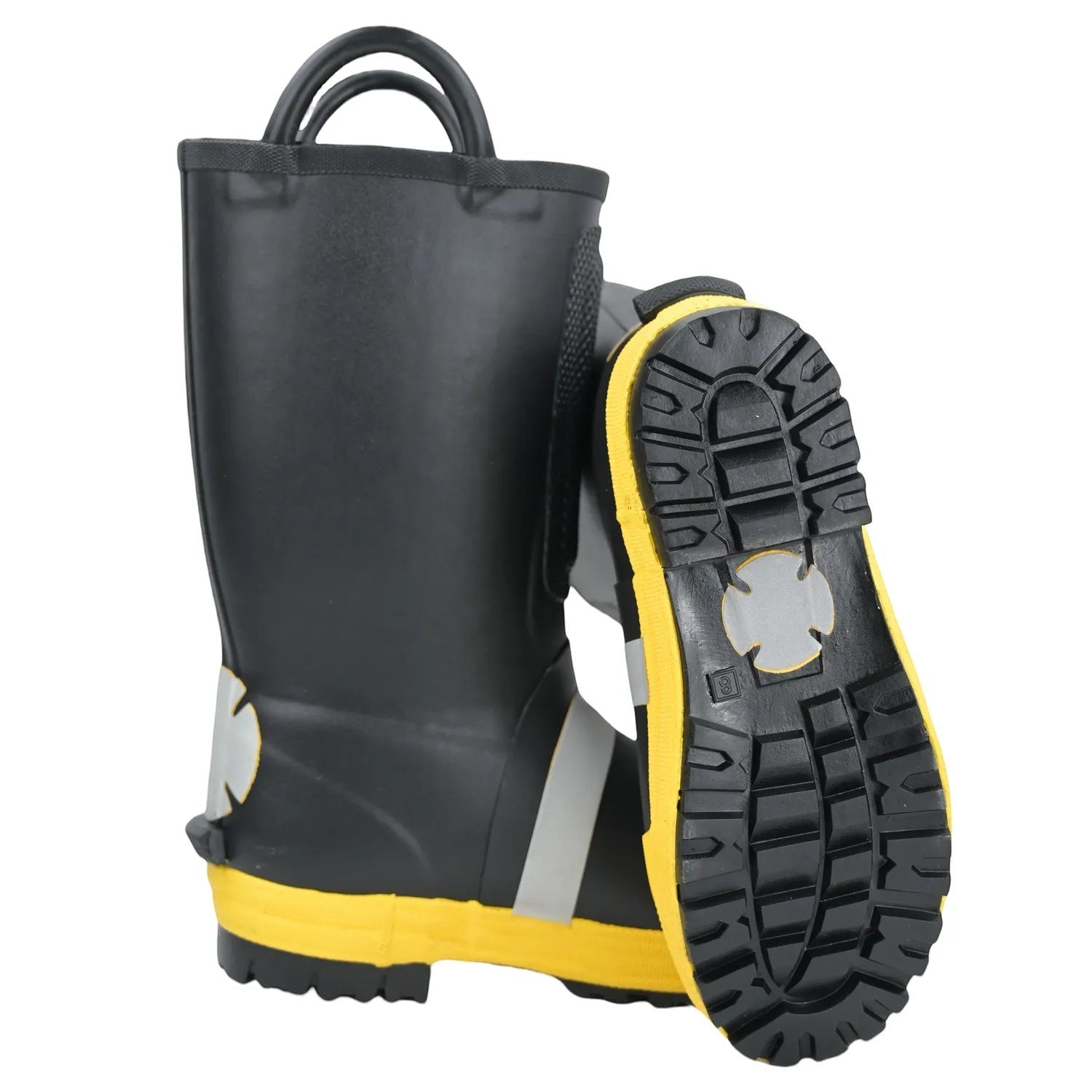 Botas de bombero GERF SAFETY de goma negra con suela amarilla antideslizante, puntera reforzada y tiradores superiores.