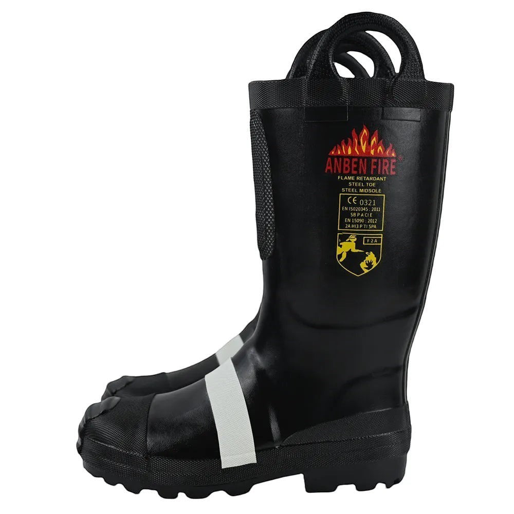 Botas de bombero negras GERF SAFETY con punta de acero, suela resistente y franjas reflectantes, certificadas EN15090.