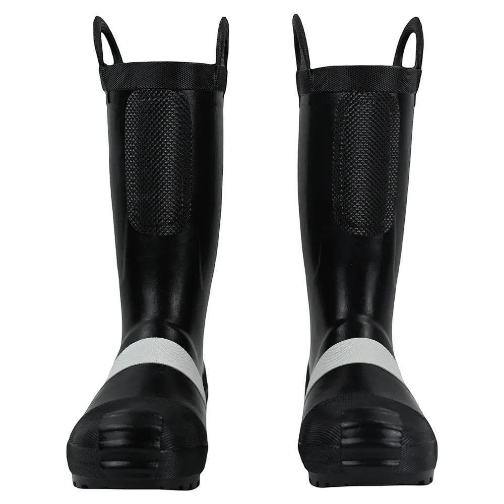 Botas de bombero negras GERF SAFETY con punta de acero, franja reflectante y asas integradas para rescate profesional.