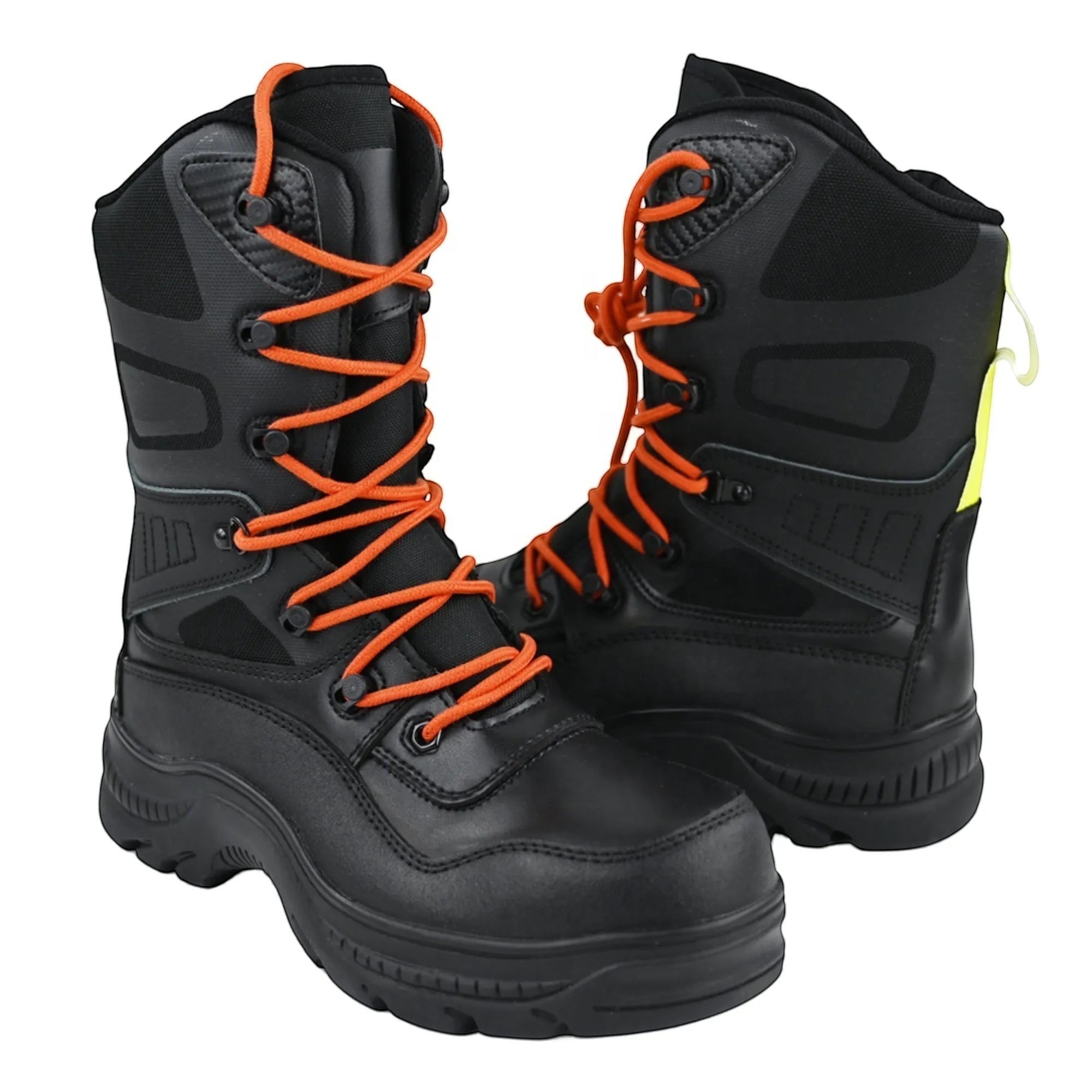 Botas de seguridad GERF SAFETY de cuero negro con cordones naranjas, resistentes al fuego para rescate y bomberos.