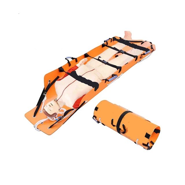 Camilla plegable de rescate GERF SAFETY naranja de material compuesto con paciente y versión enrollada para transporte