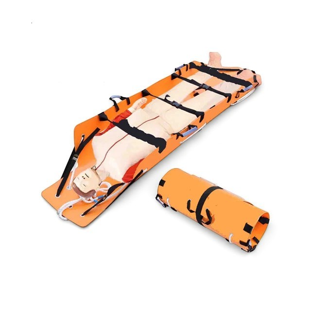 Camilla plegable de rescate GERF SAFETY naranja de EVA/PE/PVC con paciente simulado y versión enrollada para transporte