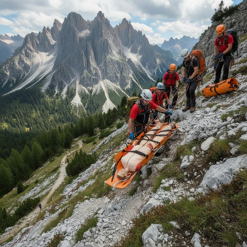 Equipo de rescate GERF SAFETY usando una camilla plegable naranja para transportar a un paciente en una montaña