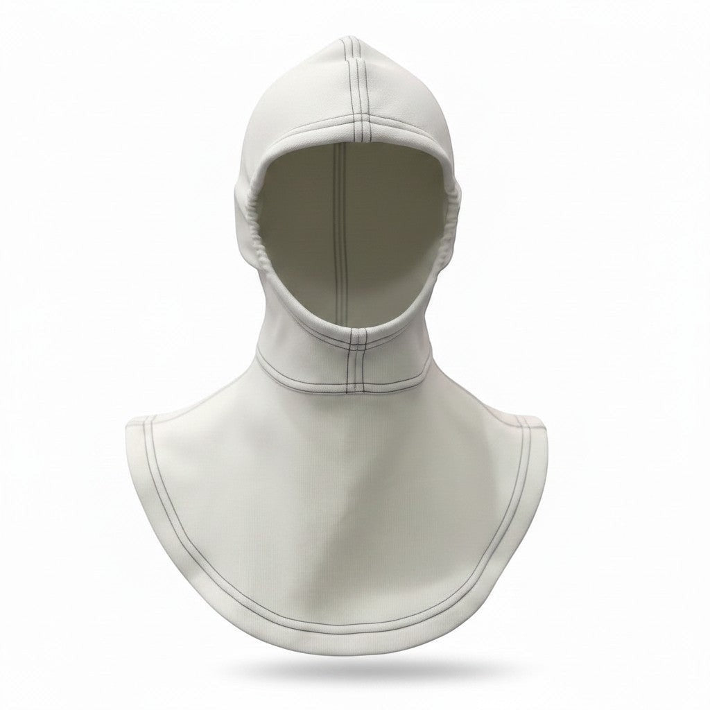 Capucha ignífuga GERF SAFETY de doble capa en color blanco, fabricada en aramida, compatible con máscara SCBA.