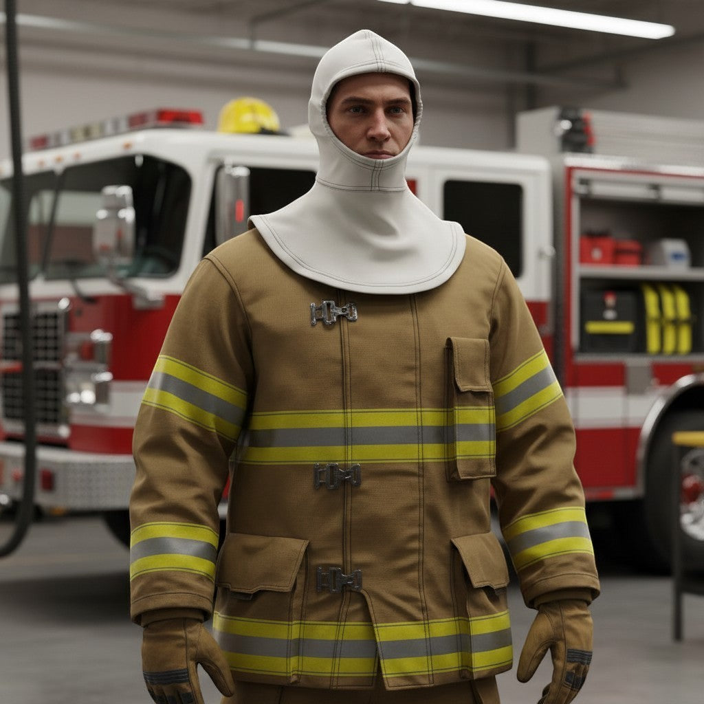 Bombero con capucha ignífuga GERF SAFETY de aramida blanca, doble capa y diseño ergonómico para máscara SCBA.