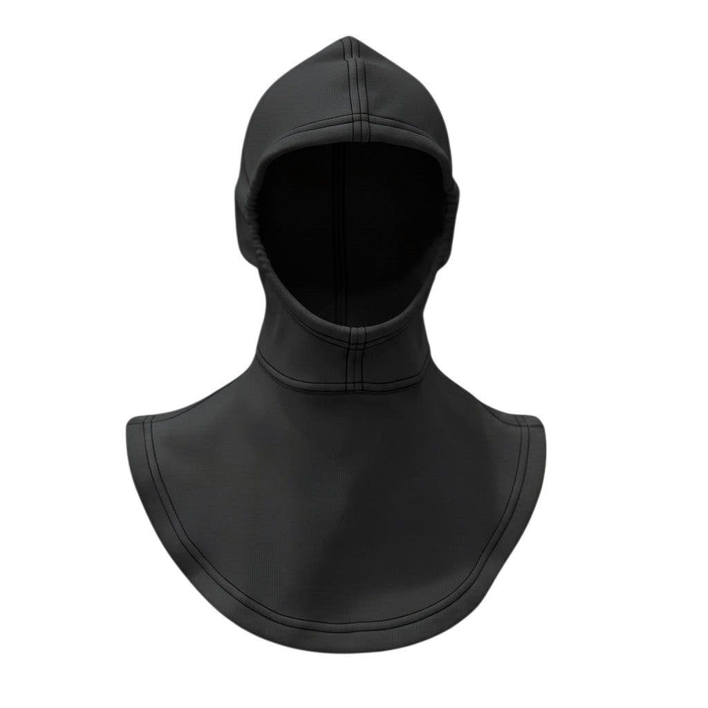 Capucha ignífuga GERF SAFETY de aramida negra, doble capa, diseño ergonómico para bomberos con protección de cuello.