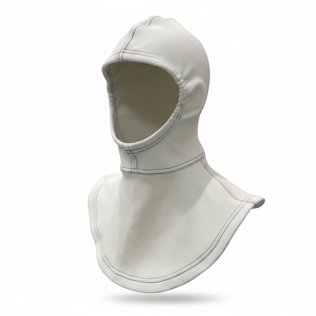 Capucha ignífuga GERF SAFETY de aramida blanca de doble capa con protección para cuello y hombros, certificada EN13911