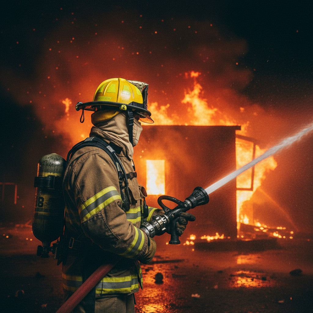 Bombero con capucha GERF SAFETY de Nomex IIIA doble capa color marrón, resistente al fuego en escena de incendio