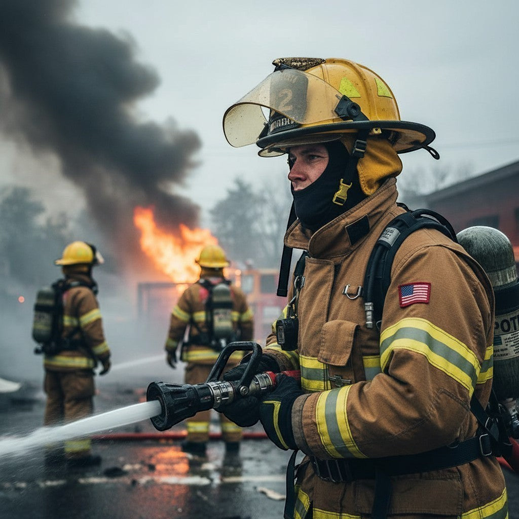 Bombero con equipo de protección GERF SAFETY, incluyendo capucha ignífuga Nomex IIIA de doble capa y casco de seguridad.