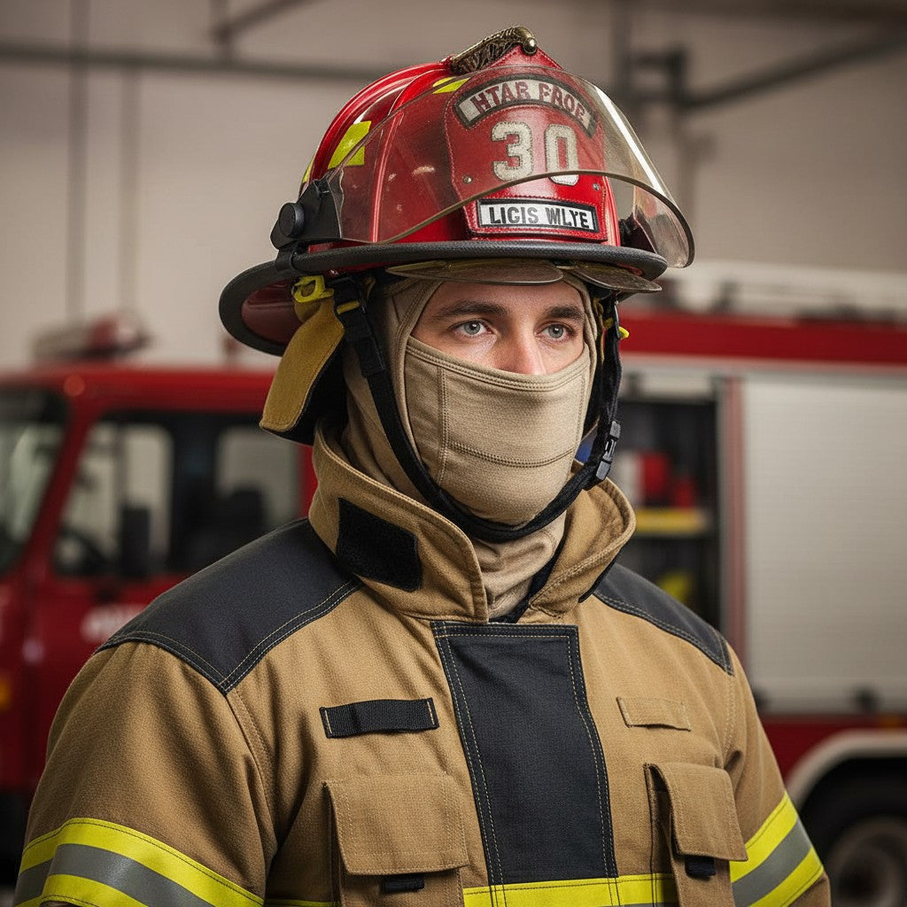 Bombero con capucha protectora ignífuga GERF SAFETY de doble capa Nomex IIIA bajo casco de seguridad en entorno urbano.