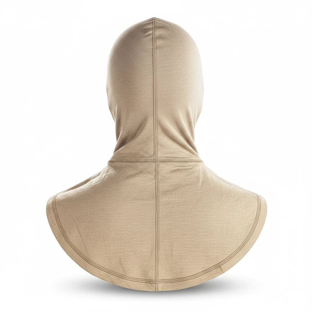 Capucha ignífuga GERF SAFETY de doble capa Nomex IIIA en color beige para protección de bomberos, vista trasera.