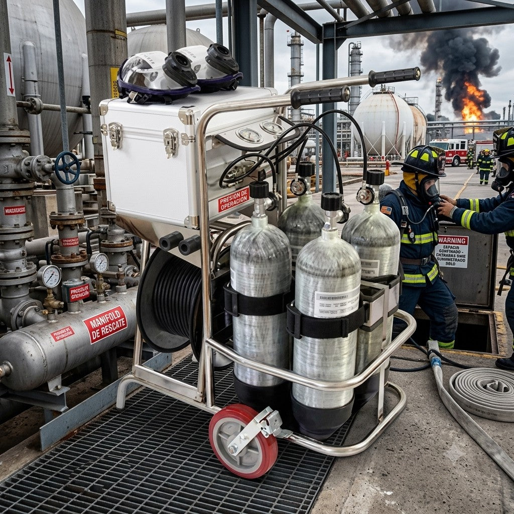 Carrito de aire comprimido GERF SAFETY con 4 cilindros de fibra de carbono para bomberos en entorno industrial.