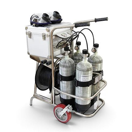 Carrito de aire comprimido GERF SAFETY con 4 cilindros de fibra de carbono, máscaras y manguera para rescate profesional