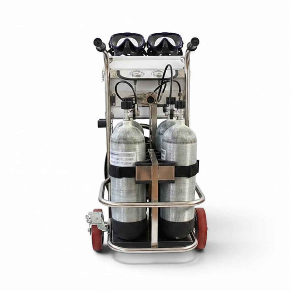 Carrito de aire comprimido GERF SAFETY con 4 cilindros de fibra de carbono, máscaras y estructura de acero inoxidable.