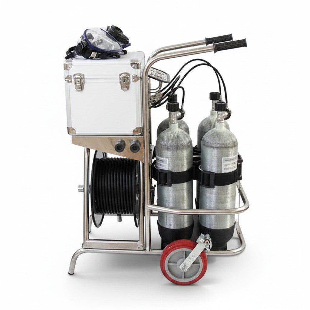 Carrito de aire comprimido GERF SAFETY con 4 cilindros de fibra de carbono, máscara y carrete de manguera de 50m.