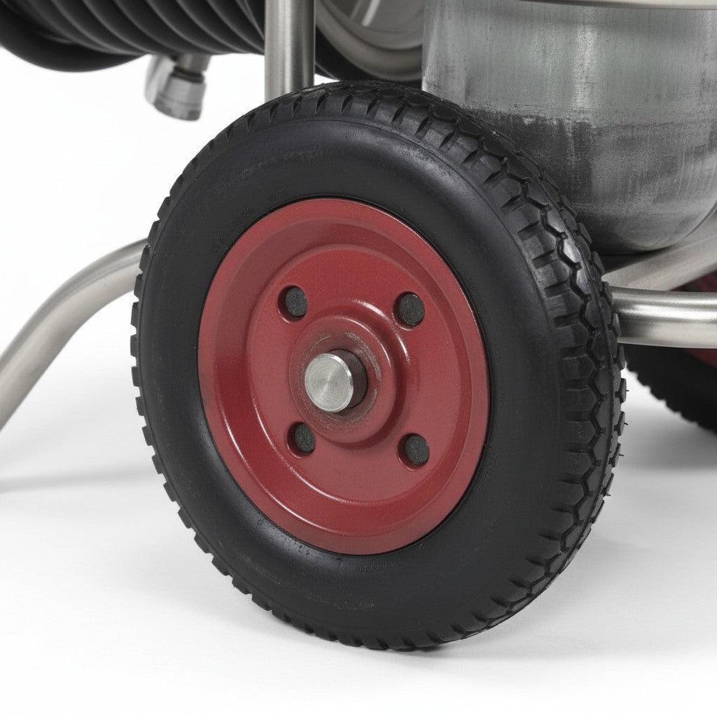 Detalle de la rueda roja resistente del carrito de fuente móvil de aire GERF SAFETY para equipos de rescate SCBA