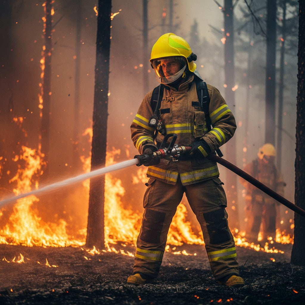 Bombero con casco GERF SAFETY A1 Calisia amarillo de doble visor combatiendo un incendio forestal con manguera