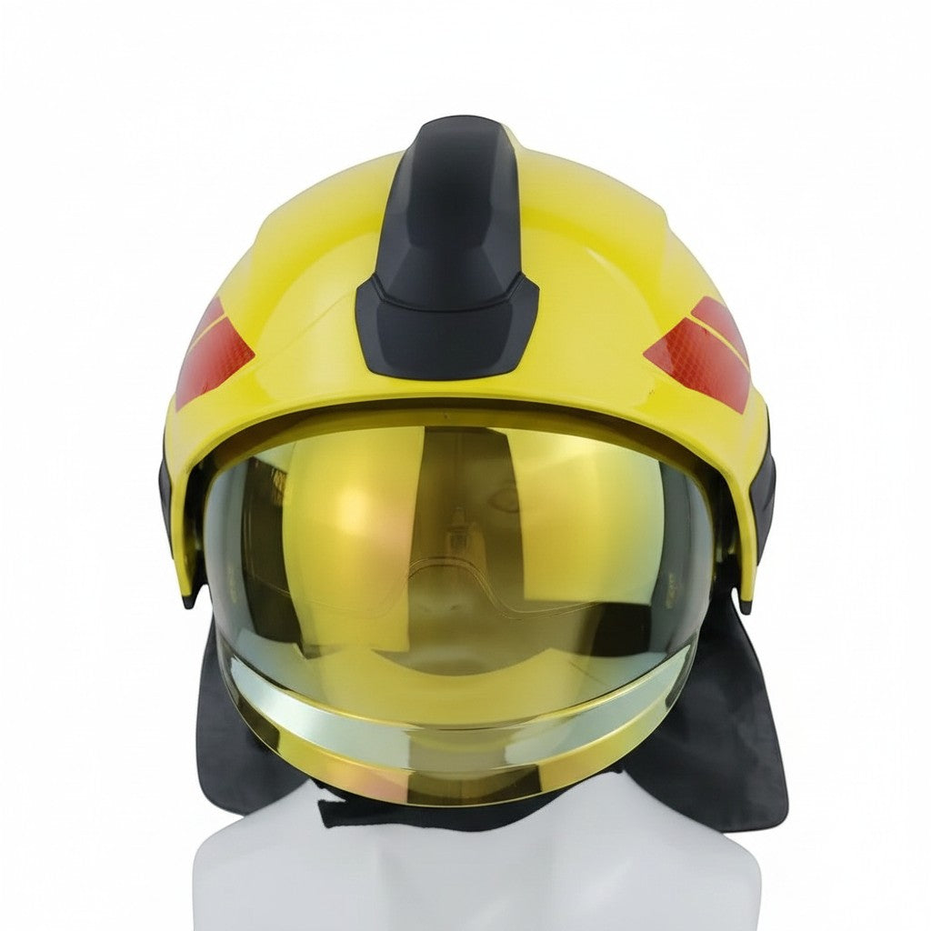 Casco de bombero GERF SAFETY estilo Rosenbauer amarillo con visera dorada PPSU y protección de cuello ignífuga.