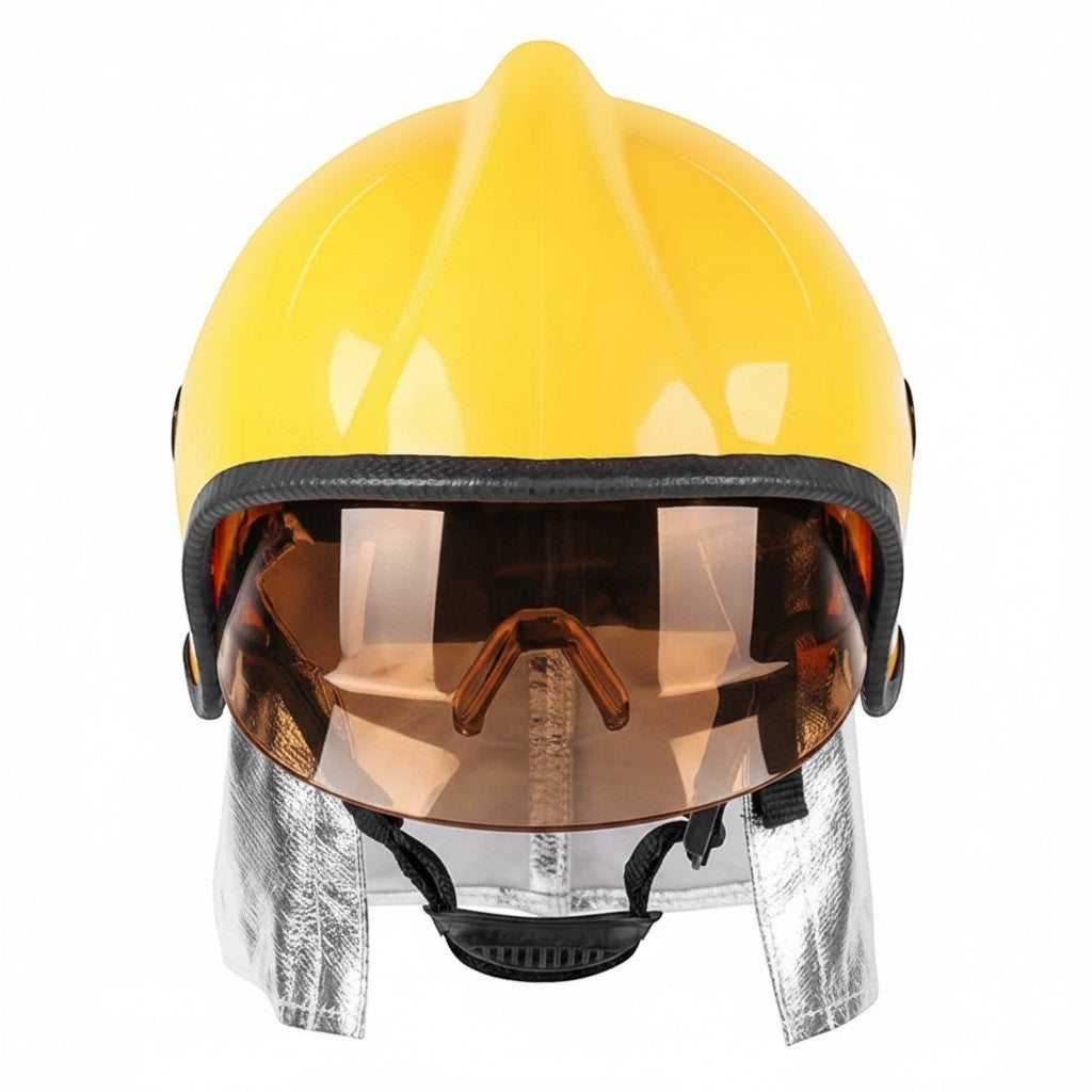 Casco de bombero GERF SAFETY amarillo de estilo europeo con gafas protectoras marrones y protector de cuello térmico.
