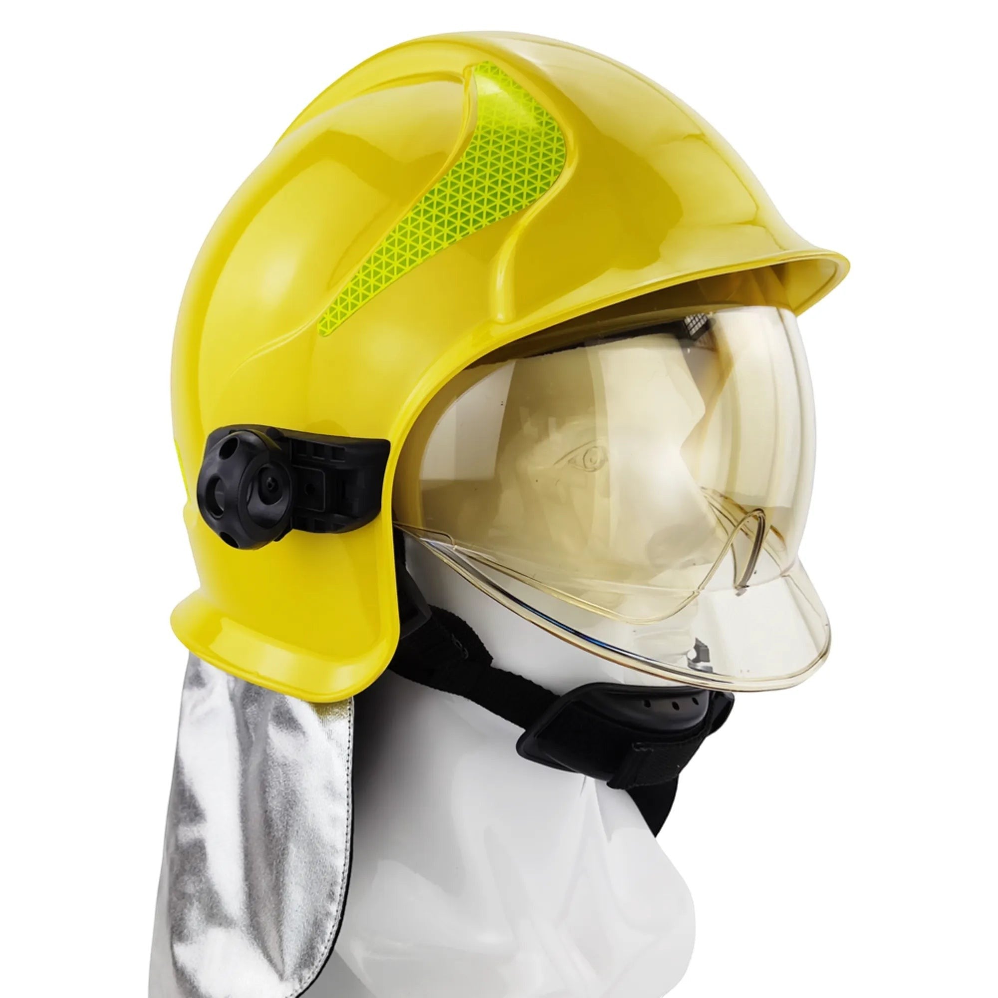 Casco de bombero GERF SAFETY A1 Calisia amarillo con doble visor, protección de cuello de aluminio y reflectores 3M.