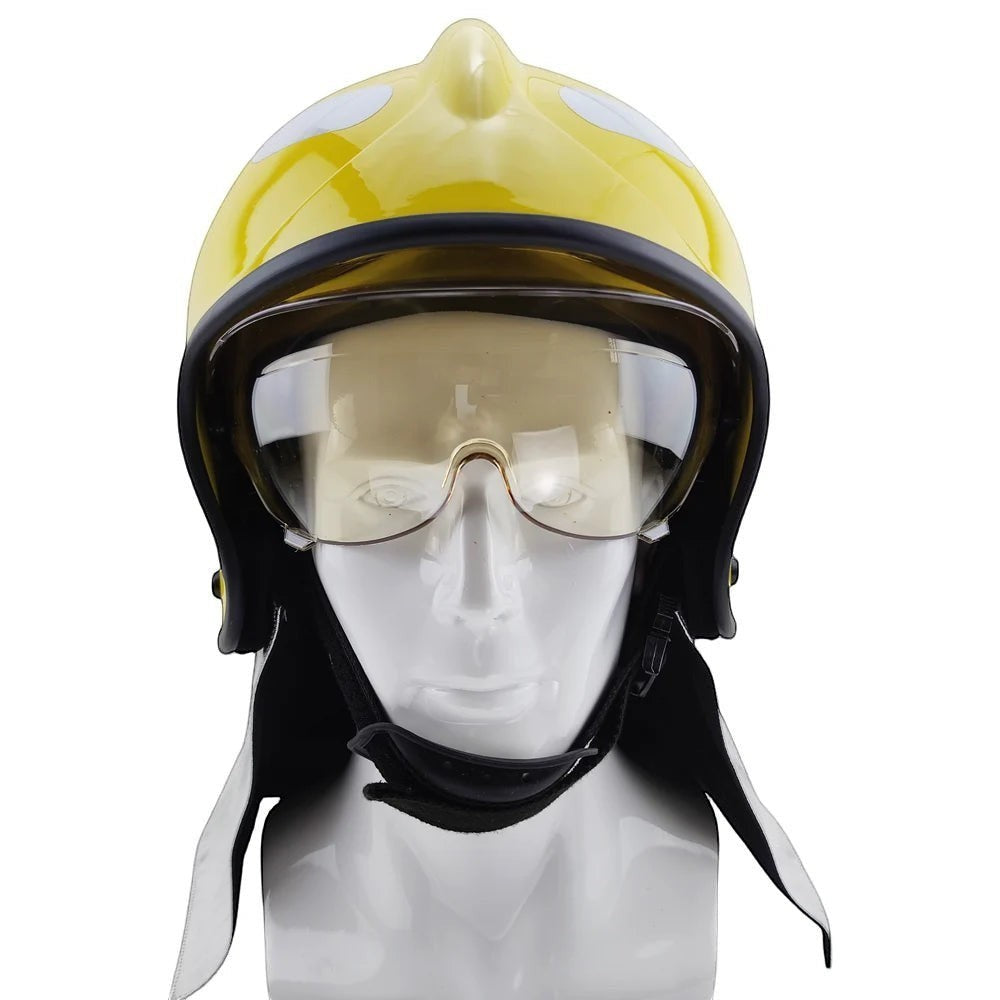 Casco de bombero GERF SAFETY amarillo estilo europeo con doble visor y protector de cuello en maniquí