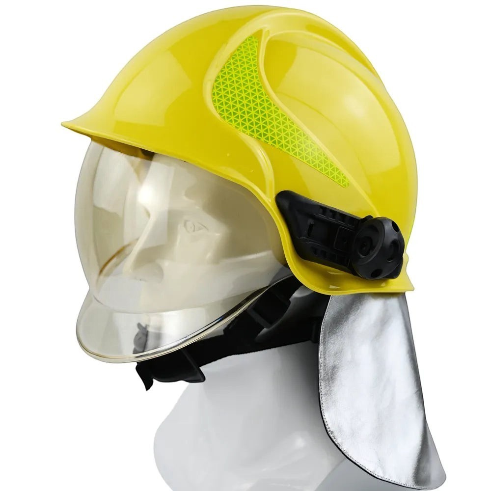 Casco de bombero amarillo GERF SAFETY con doble visor, protector de cuello de aluminio y reflectores 3M certificados.