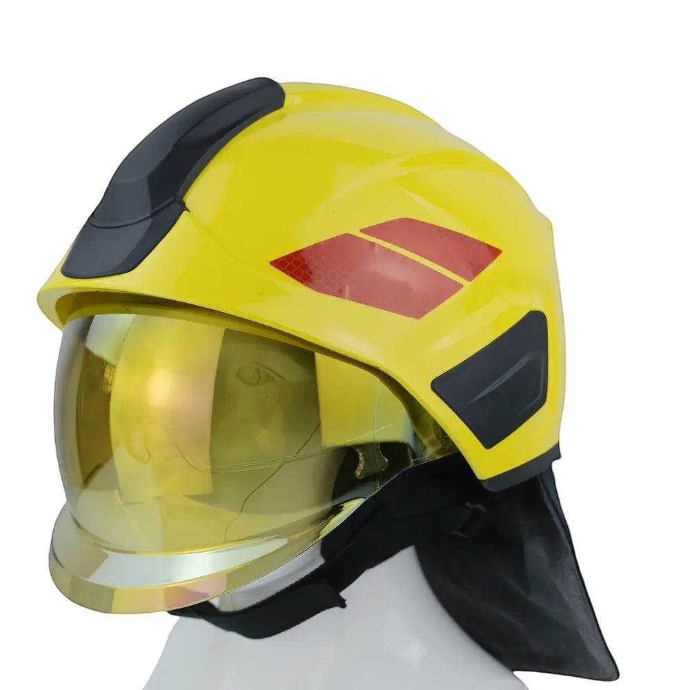 Casco de bombero GERF SAFETY estilo Rosenbauer amarillo con visera dorada PPSU y protección de cuello ignífuga