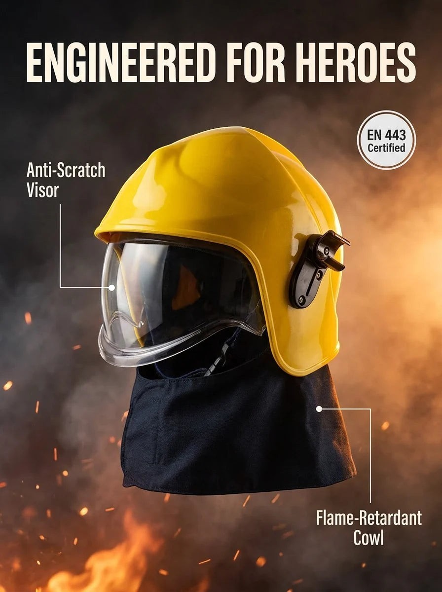 Casco de bombero amarillo GERF SAFETY con visor transparente, bufanda ignífuga y certificación EN443 para entrenamiento.