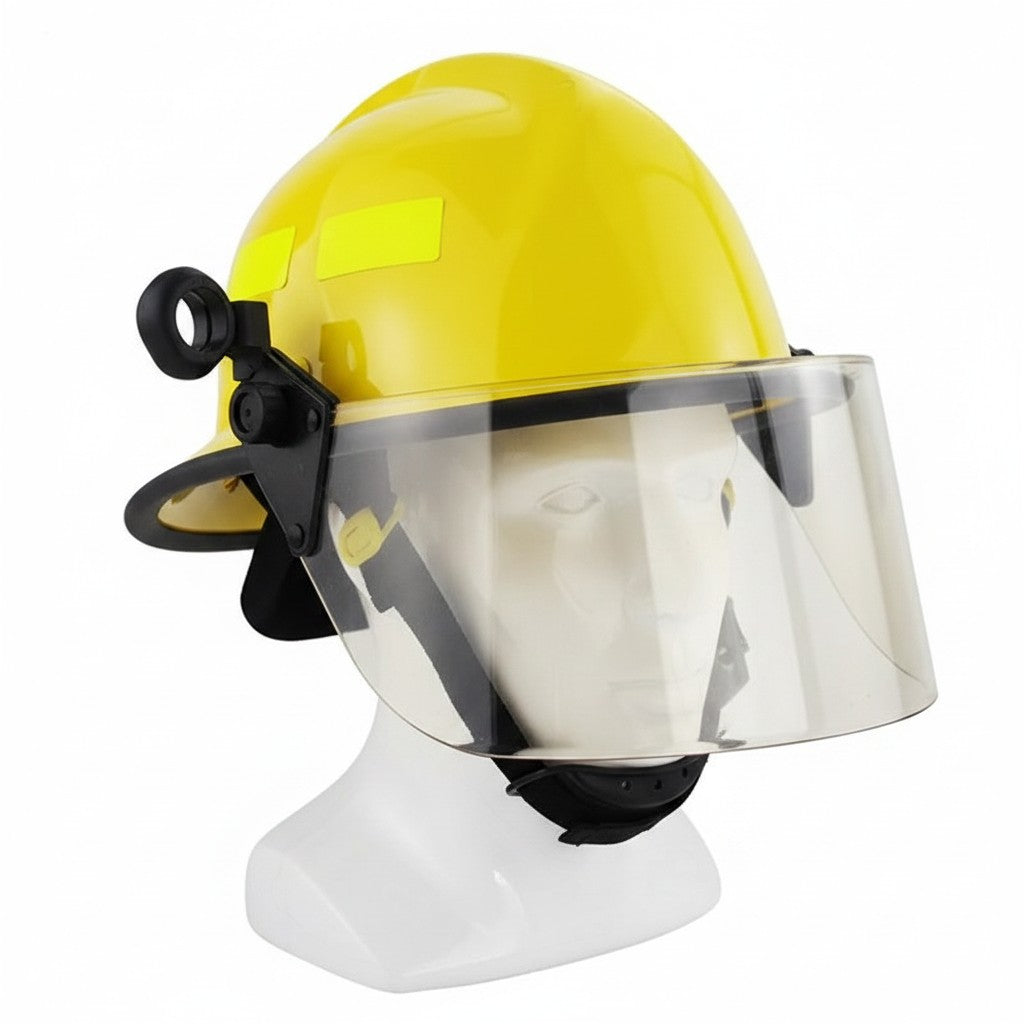 Casco de bombero amarillo GERF SAFETY F3 con visor transparente, diseño de perfil bajo y protección térmica Nomex.