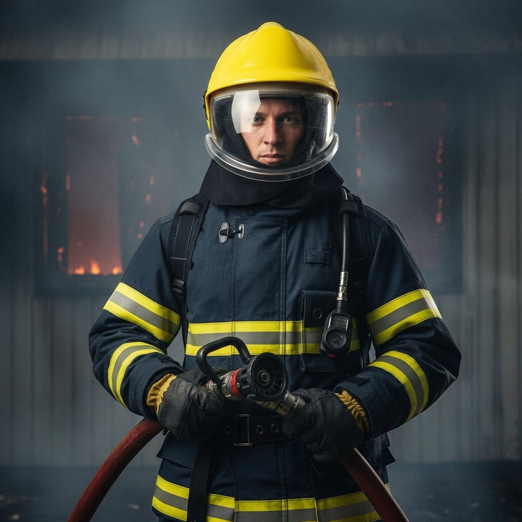 Bombero con casco amarillo GERF SAFETY de estilo europeo, gafas protectoras y uniforme de entrenamiento contra incendios.