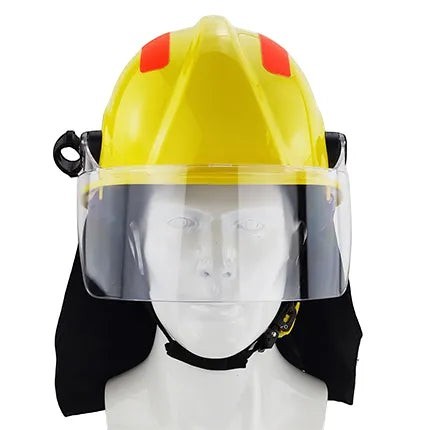 Casco de bombero GERF SAFETY estilo 17 amarillo con visor semiintegral transparente y protector de cuello de Nomex