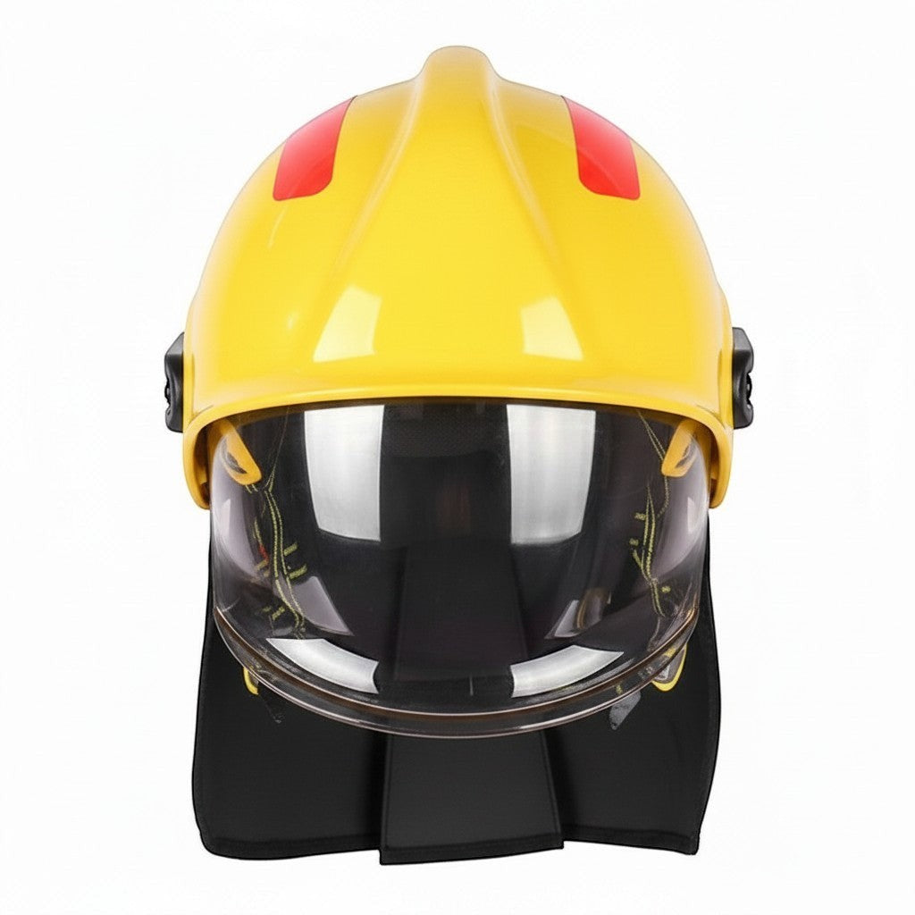 Casco de bombero GERF SAFETY estilo europeo 17 en color amarillo con visor semiintegral transparente y protector nuca