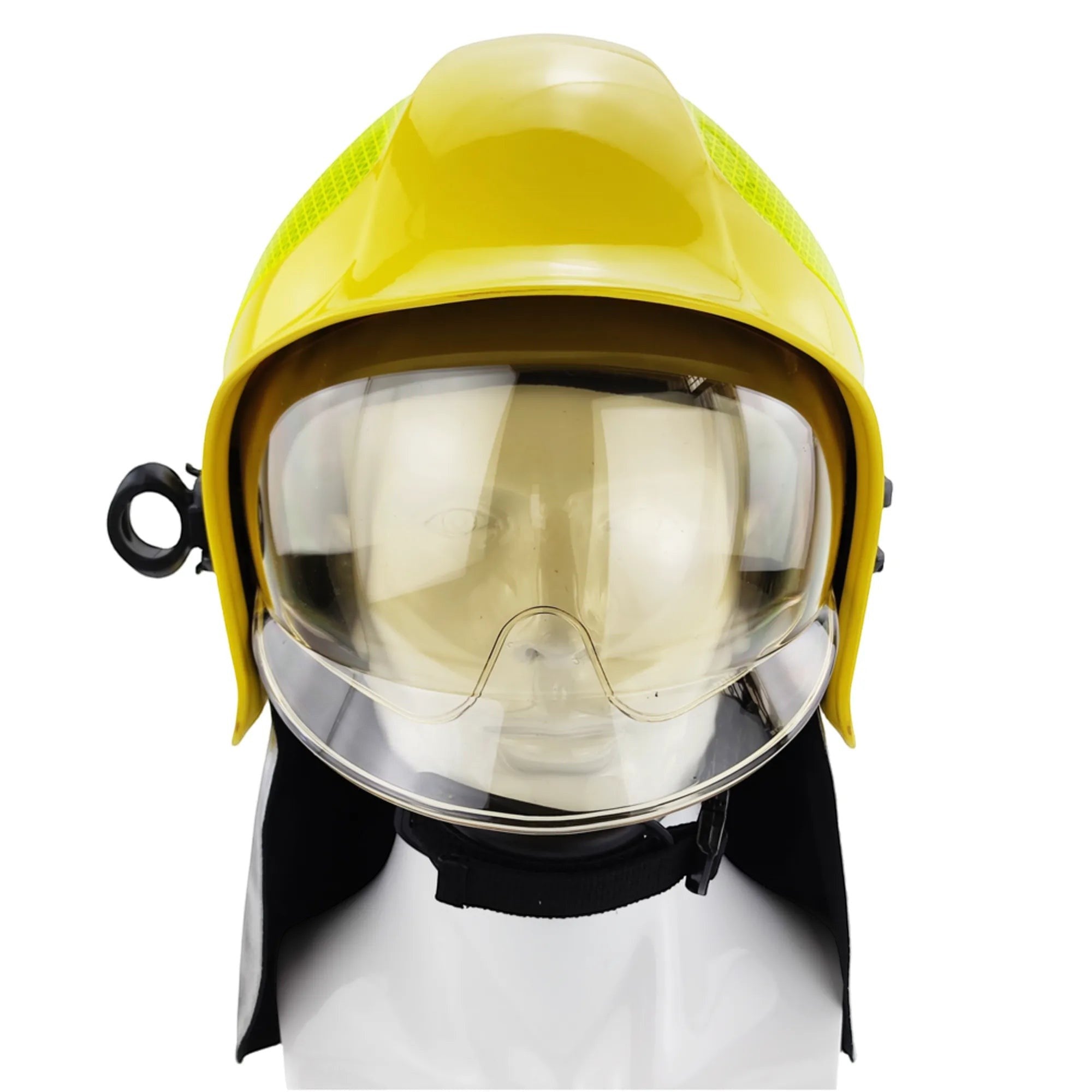 Casco de bombero GERF SAFETY A1 Calisia amarillo con doble visor, protección facial completa y cubrenuca protector.