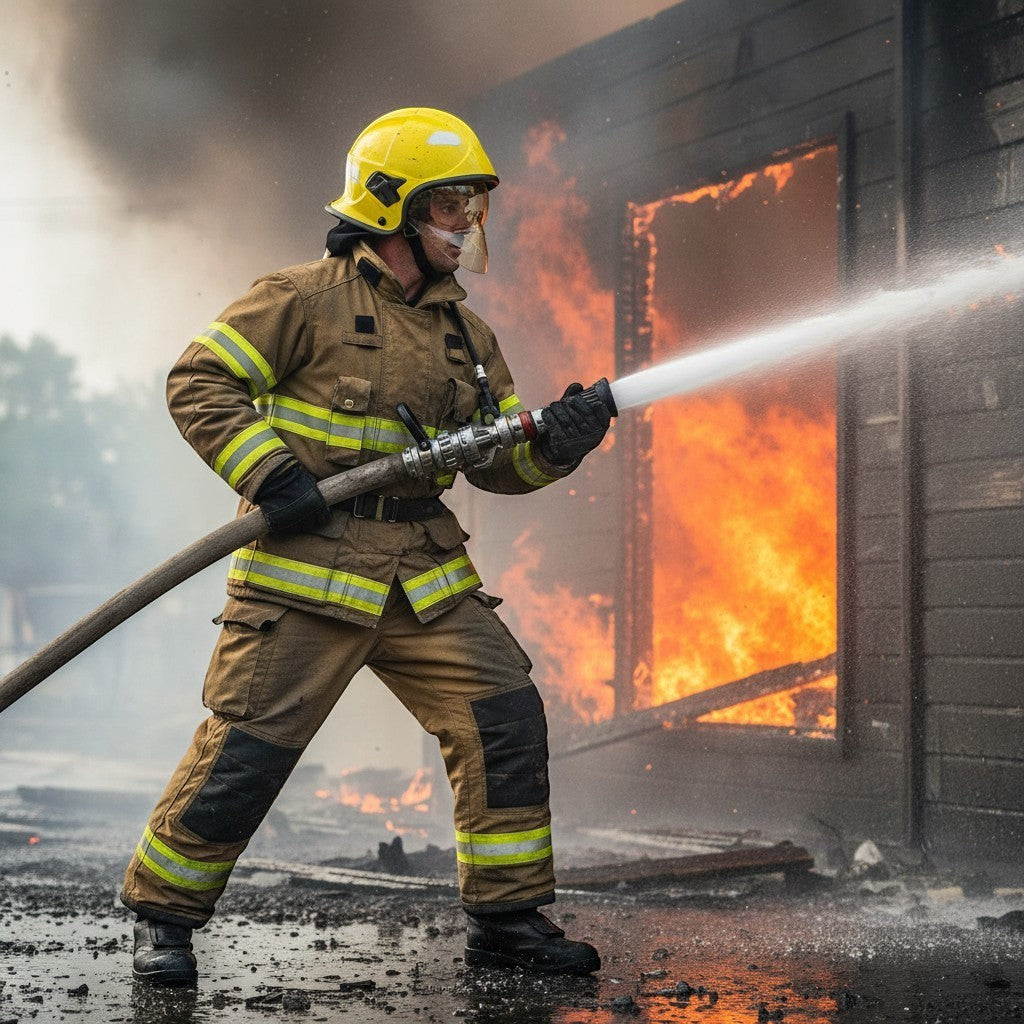 Bombero con casco amarillo GERF SAFETY de doble visera y equipo de protección completo apagando un incendio estructural