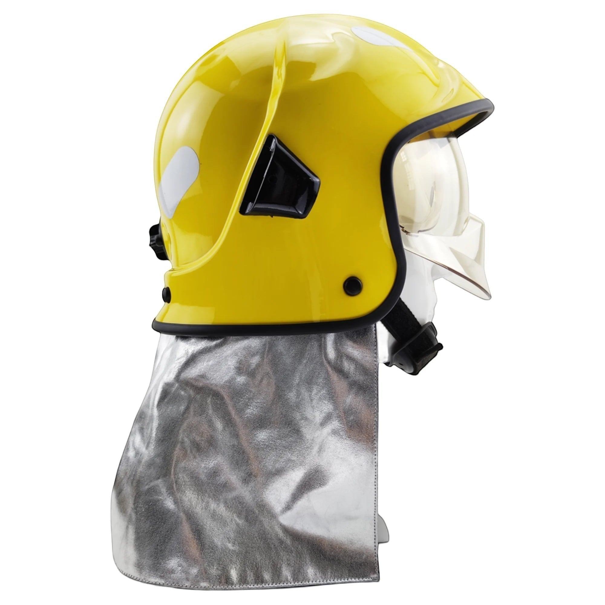 Casco de bombero GERF SAFETY amarillo estilo europeo con doble visor, protector de cuello de aluminio y bandas reflectantes.