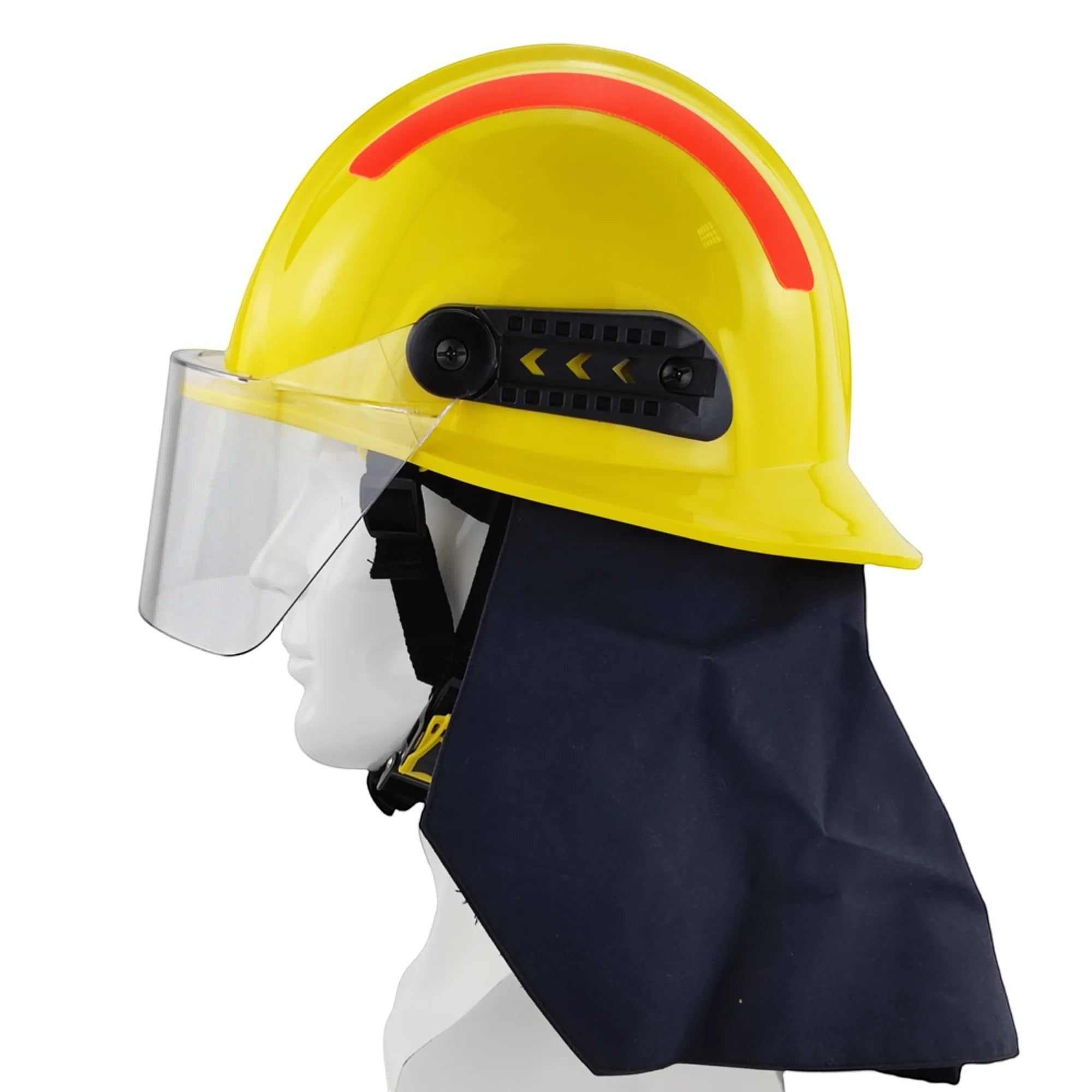 Casco de bombero GERF SAFETY estilo 17 amarillo con visor semiintegral, protector de cuello Nomex y reflectores laterales.