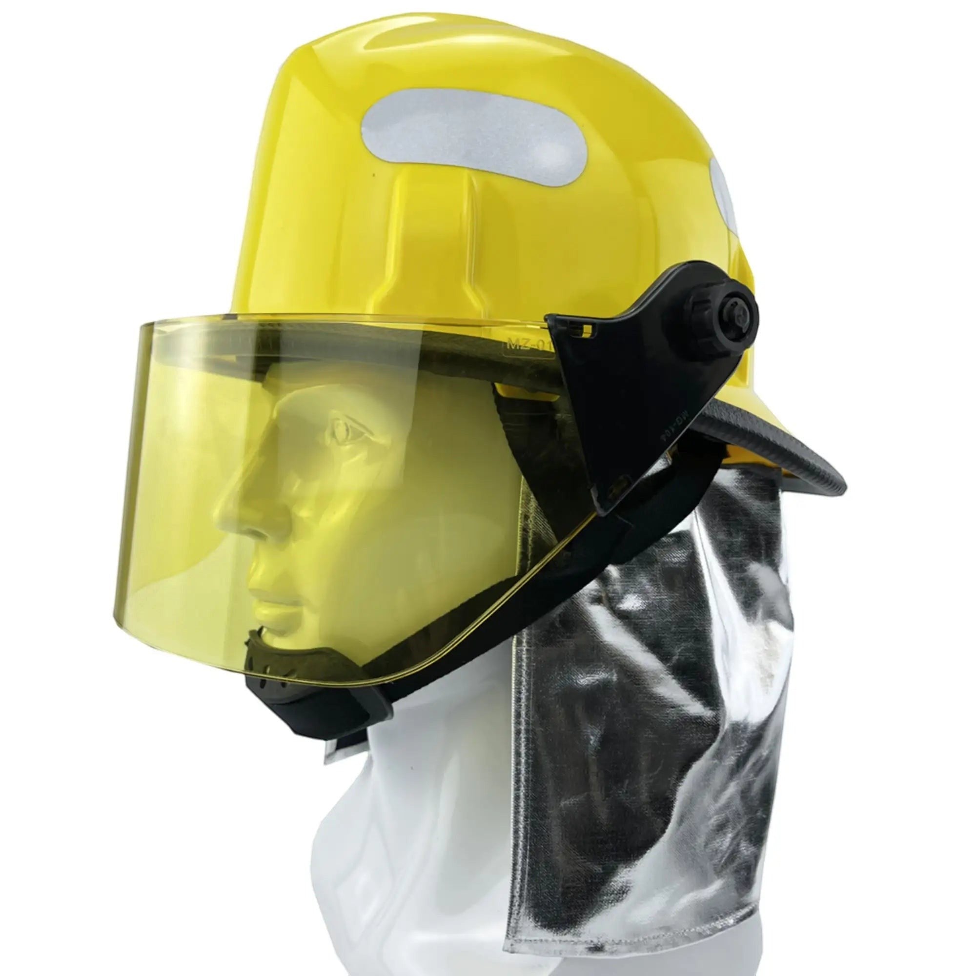 Casco de bombero GERF SAFETY estilo americano en color amarillo con visor PPSU y protector de cuello de aluminio