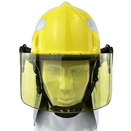 Casco de bombero GERF SAFETY estilo americano en color amarillo con visor PPSU de media cara y nervaduras reforzadas.
