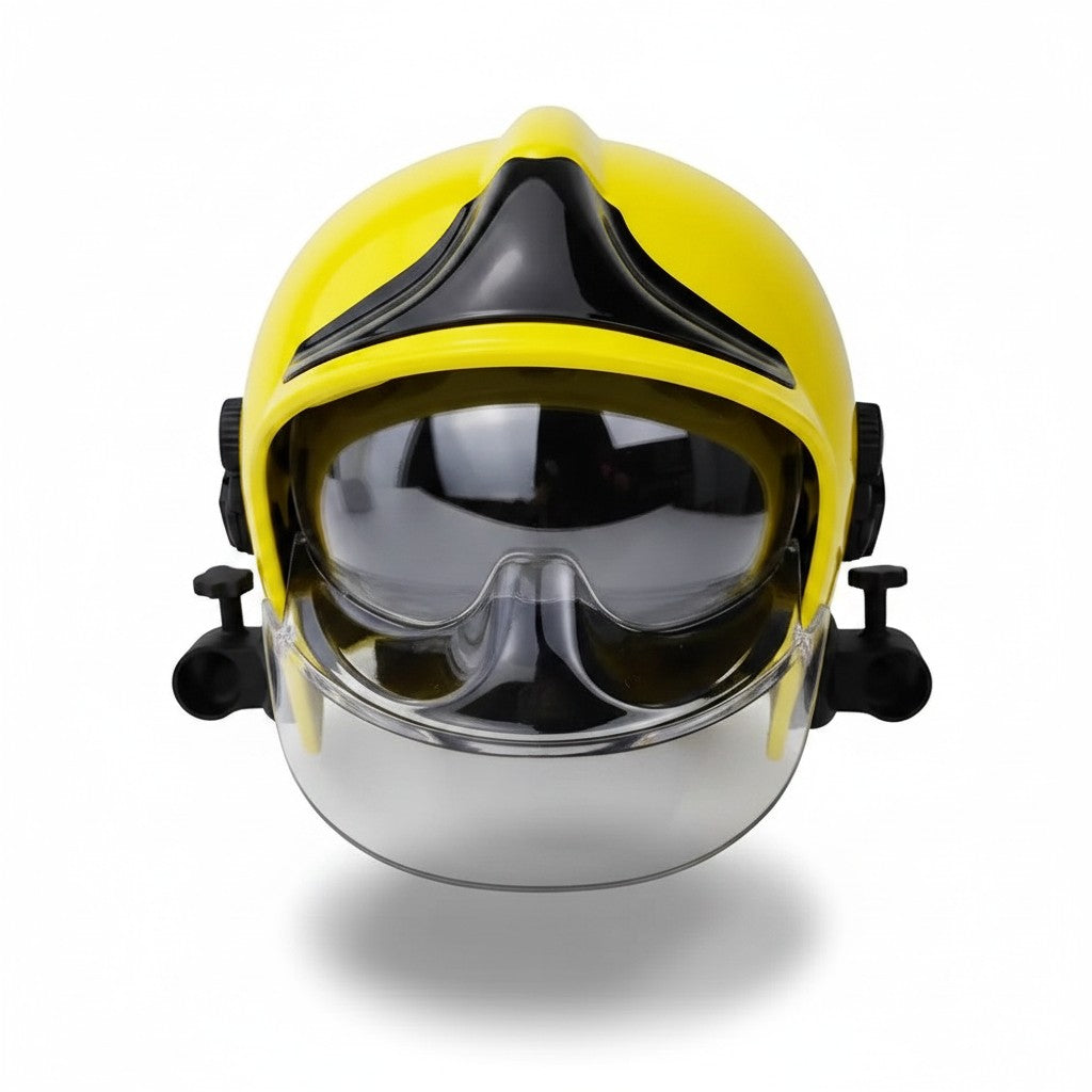 Casco de bombero amarillo GERF SAFETY estilo europeo con visor integral antiniebla y protección facial completa