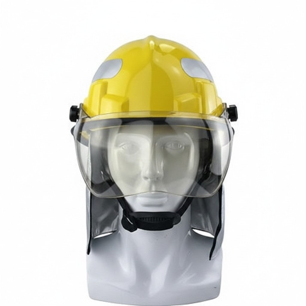Casco de bombero GERF SAFETY estilo coreano en color amarillo con visor transparente y protector de cuello térmico.