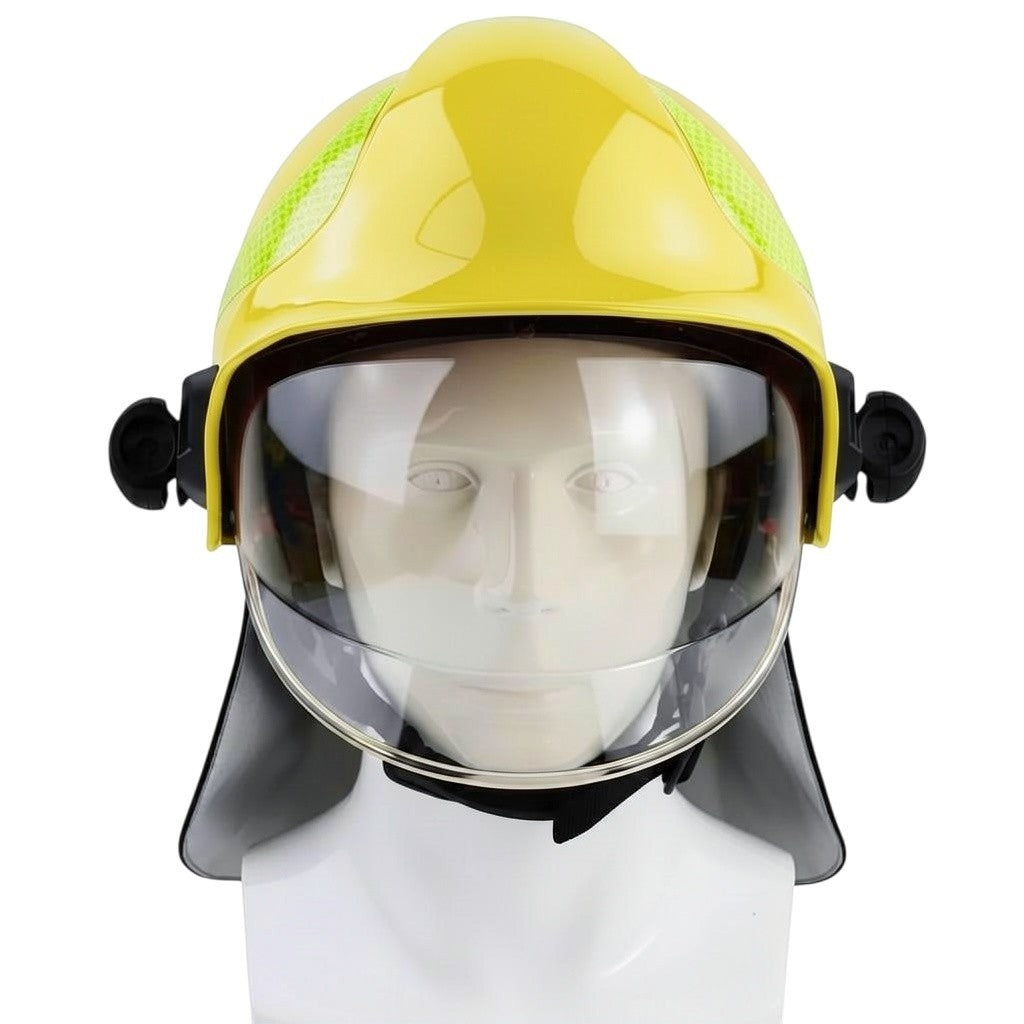 Casco de bombero GERF SAFETY amarillo con doble visor transparente y protector de cuello, certificado EN 443:2008.