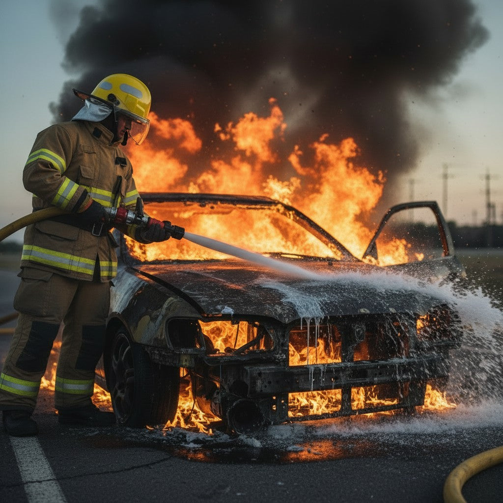 Bombero con casco GERF SAFETY amarillo estilo coreano y visor, extinguiendo un incendio de vehículo con manguera.