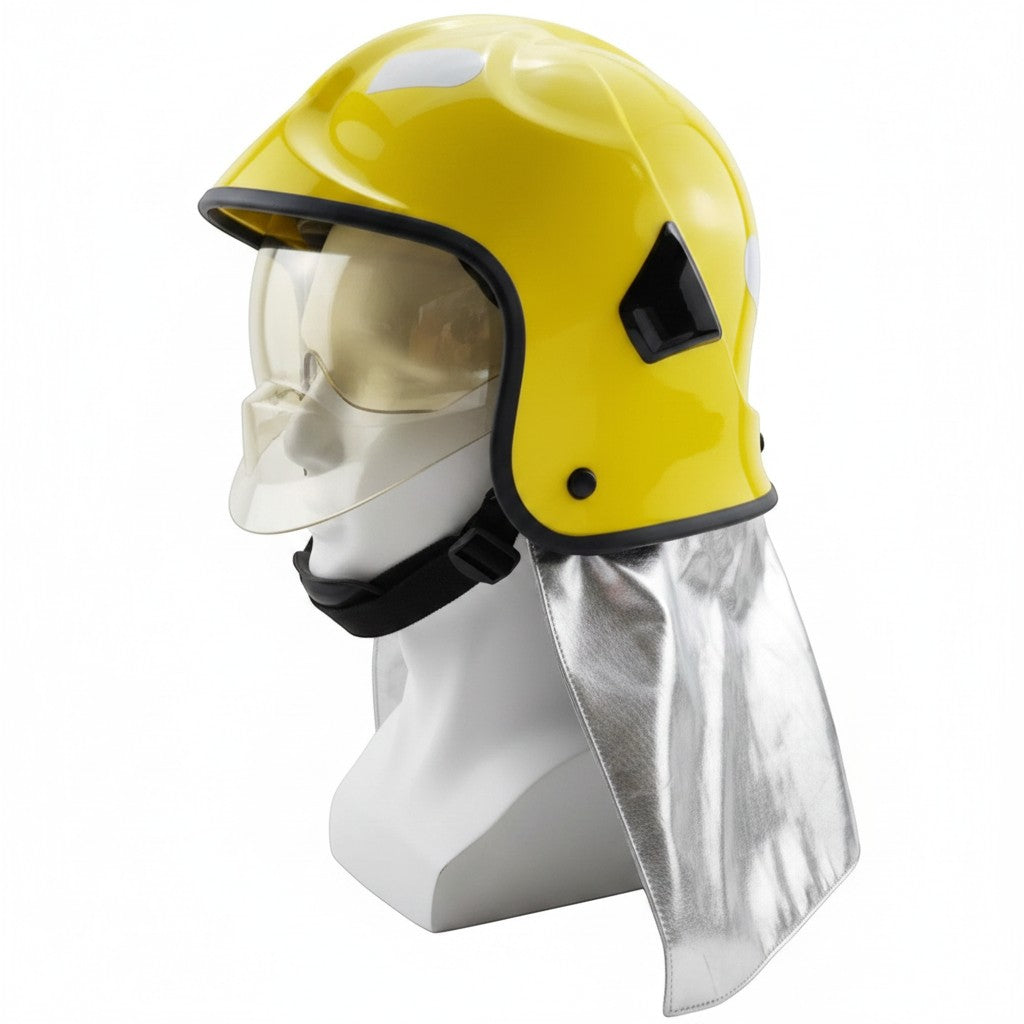 Casco de bombero GERF SAFETY amarillo estilo europeo con doble visor y protector de cuello de aluminio