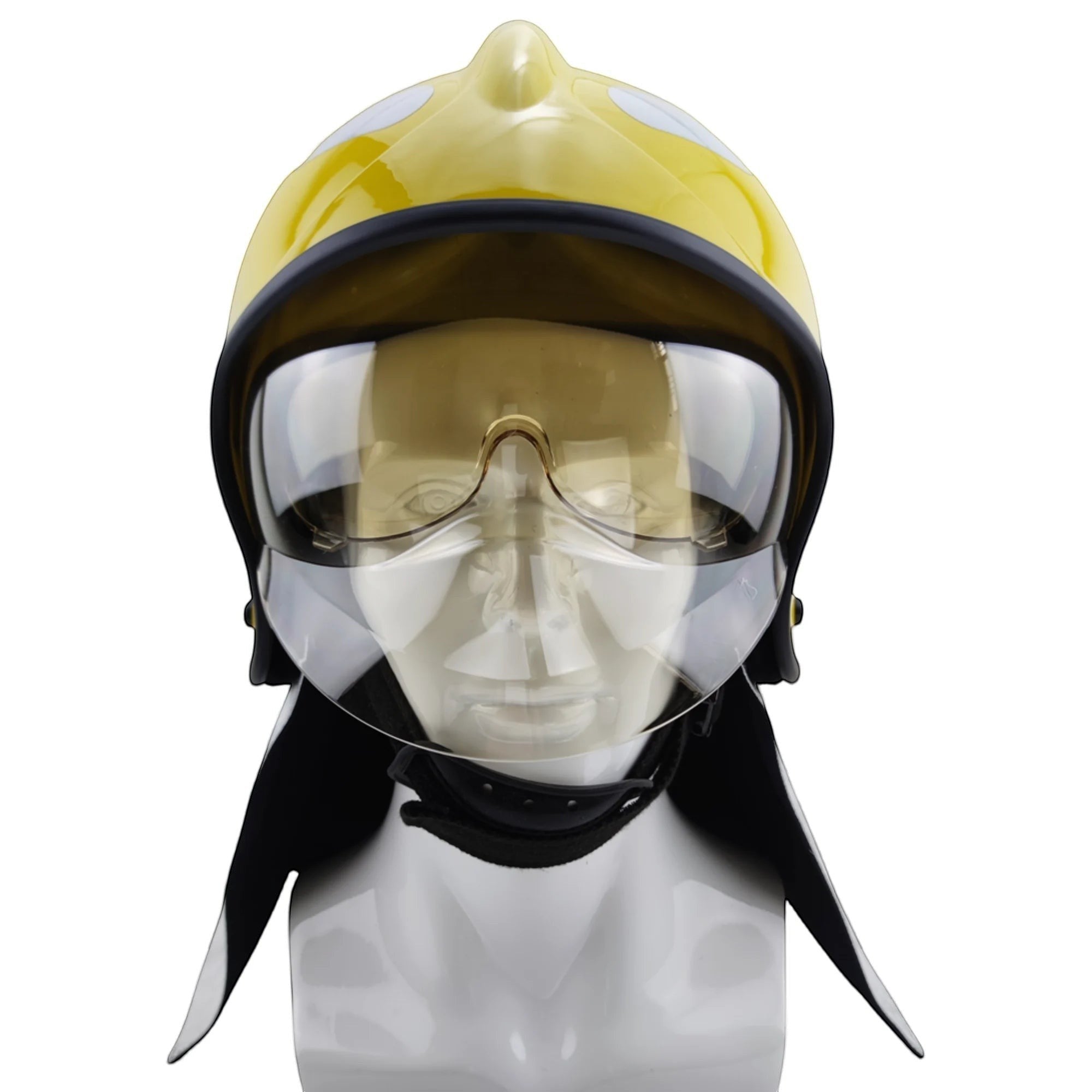 Casco de bombero GERF SAFETY amarillo con doble visor transparente y protector de cuello Nomex para protección estructural