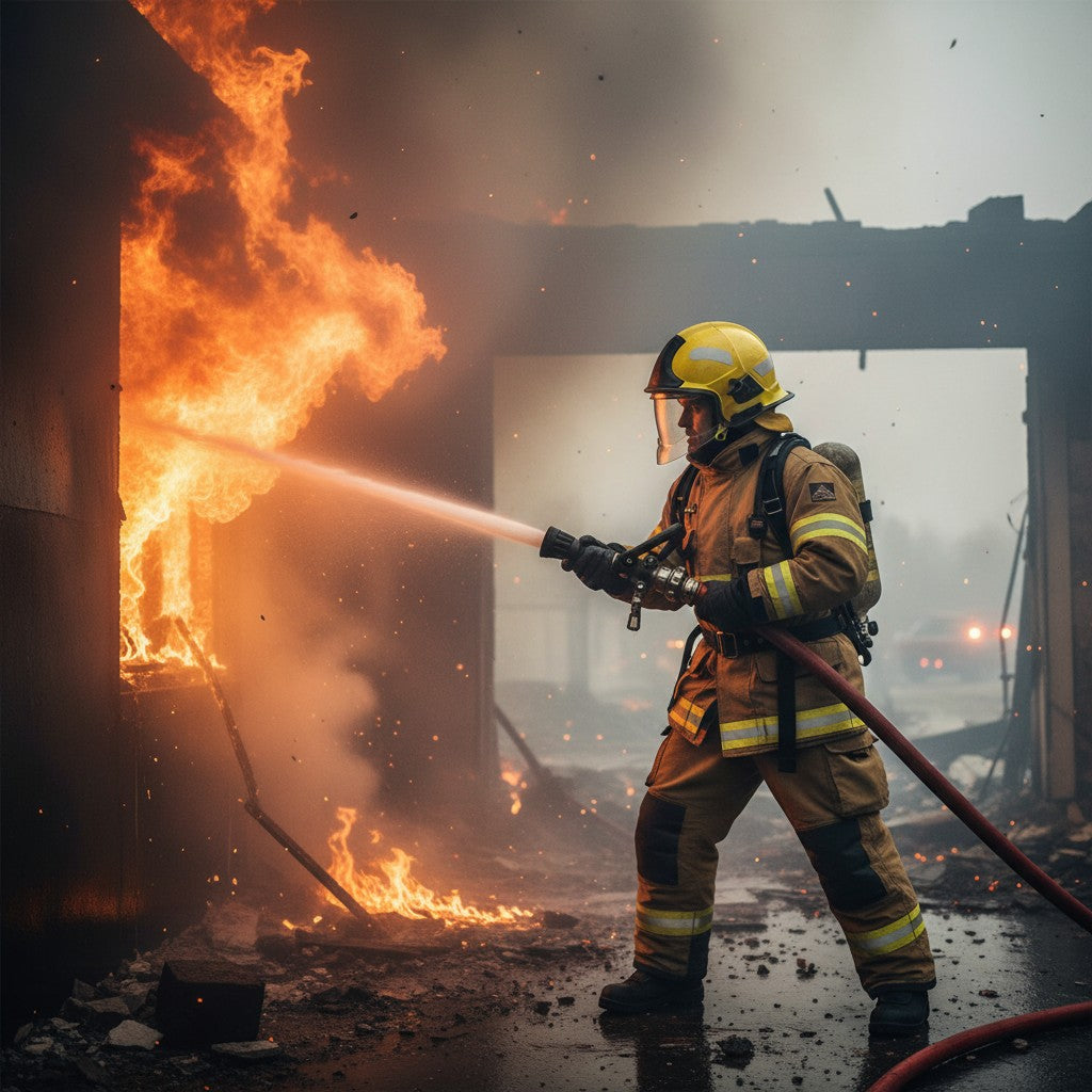 Bombero con casco GERF SAFETY amarillo 200QA y equipo de protección completo combatiendo un incendio estructural.